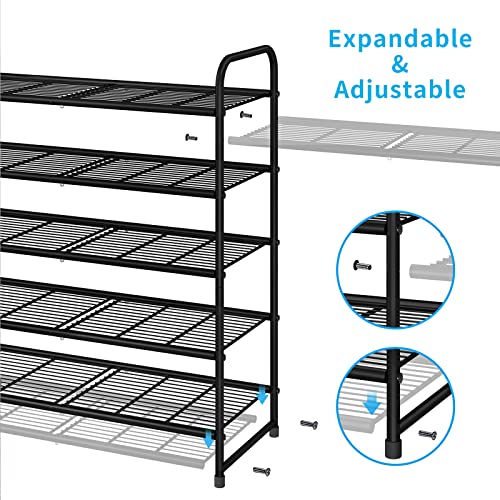 Simple Trending 5-Tier Stackable Shoe Rack, Expandable & Adjustable Shoe Organizer Storage Shelf, Wire Grid, Black - color: Black, size: 5 Tiers