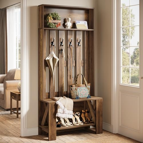Tribesigns Hall Tree with Bench and Shoe Storage, 70.8" Tall Freestanding Coat Rack with Shoe Bench, Farmhouse Narrow Hall Tree Organizer with Hooks for Entryway, Hallway, Mudroom, Space-Saving, Brown