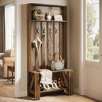 Tribesigns Hall Tree with Bench and Shoe Storage, 70.8" Tall Freestanding Coat Rack with Shoe Bench, Farmhouse Narrow Hall Tree Organizer with Hooks for Entryway, Hallway, Mudroom, Space-Saving, Brown