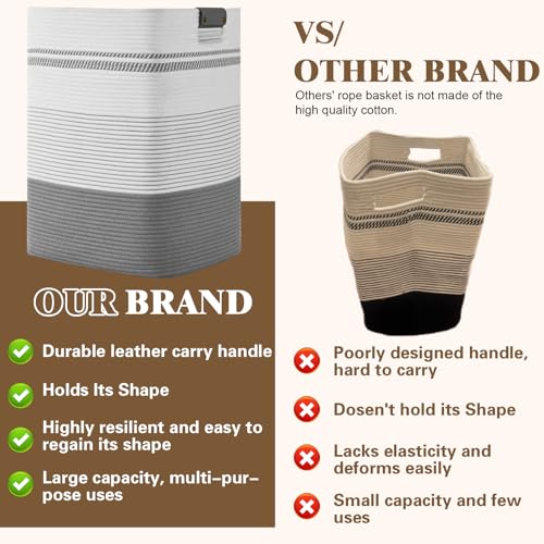 Laundry Hamper, 85L Tall Laundry Basket with Leather Handles, Rectangle Large Clothes Hamper for Organizing, Cotton Woven Laundry Baskets Storage Hampers for Bedroom, Nursery, Living Room - color: Grey, size: 85L