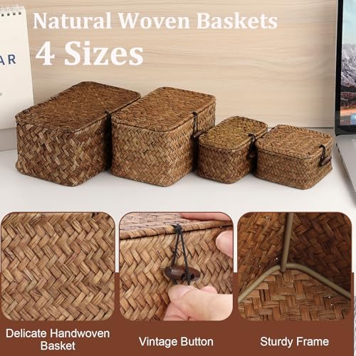 Handwoven Seagrass Basket Wicker Shelf Basket with Lid Rectangular Multipurpose Desktop Organizer Bin for Key Remote Control, Small,7.0" x 4.3" x 3.3" - size: 7.0"L x 4.3"W x 3.3"H