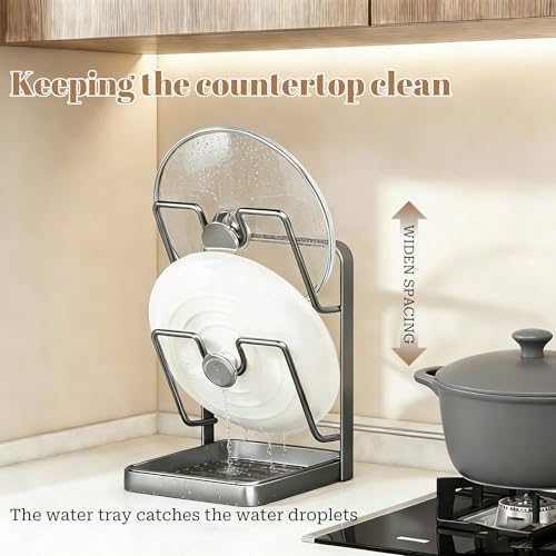 304 Stainless Steel Kitchen Pot Lid Storage Rack, Pot Lid Holder while Cooking, Pot Lid Organizer with Removable Tray & Spoon Rest,Waterproof & Rustproof (Beige, 1 Layer) - color: Beige, size: Single