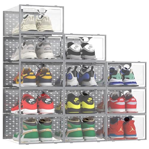 Pinkpum 12 Pack XXL Shoe Storage Box Fit for Size 14, Clear Plastic Stackable Shoe Organizer for Closet, Shoe Containers Sneaker Storage Clear and Grey - color: Gray, size: 12 Pack XX-Large