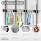 Mop Broom Holder Wall Mount, Silver Stainless Steel Tool Storage Organizer for Kitchen Garden Garage Laundry Room Bathroom and RV with 4 Slots 6 Hooks - color: Silver-1 Pack