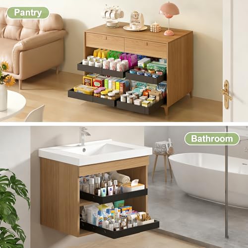 2-Pack-Expandable-Pull-Out-Cabinet-Organizers For Kitchen, Adjustable Slide Out No Drill Adhesive Drawers With Raising Pad For Framed Cabinet, Heavy Duty Sliding Roll Out Shelves Inside Cabinet - color: Black