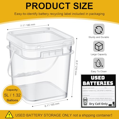 Baderke 1 Pack Battery Disposal Container Battery Recycling Container 1.32 Gallons Capacity Dry Cell Storage Recycling Bin with Label (Transparent) - color: Transparent