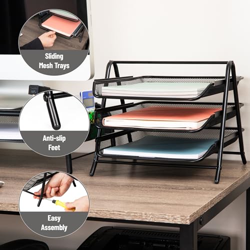 Mind Reader 3-Tier Paper Tray, Desktop Organizer, File Storage, Office, Metal Mesh, 11.75" L x 13.75" W x 10" H, Set of 2, Black - style: 2 Pack