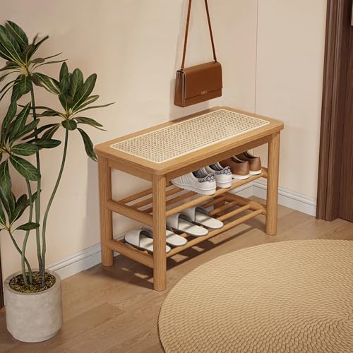 Bamboo Entryway Bench with Woven Rattan Seat, 2-Tier Shoe Storage Bench for Hallway & Entryway 23.62 inches Nature - color: Nature, size: 23.6 inch