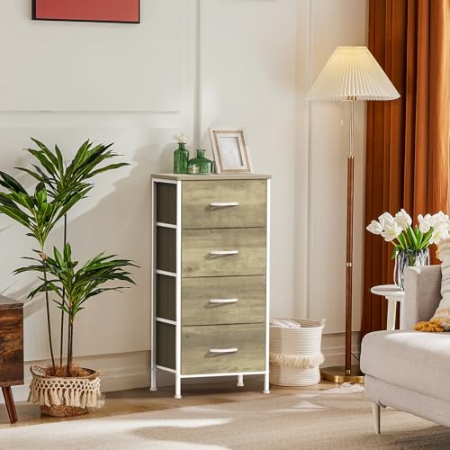DUMOS Nightstand with 4 Drawers Bedside Table with Removable Fabric Bins Sturdy Steel Frame Wood Top Organizer Furniture for Bedroom Closet Living Room,Oak Greige - color: Oak Greige, size: 11.82"D x 17.71"W x 37.4"H (4 Drawers)