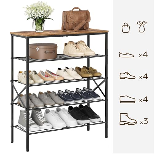 YATINEY 5-Tier Shoe Rack, Shoe Storage for Entryway and Closet, Free Standing Shoe Organizer with Metal Mesh Shelves, 16-20 Pairs of Shoes, Rustic Brown and Black SS05BR - color: Rustic Brown + Black, size: 27.8" x 10.8" x 32.7"