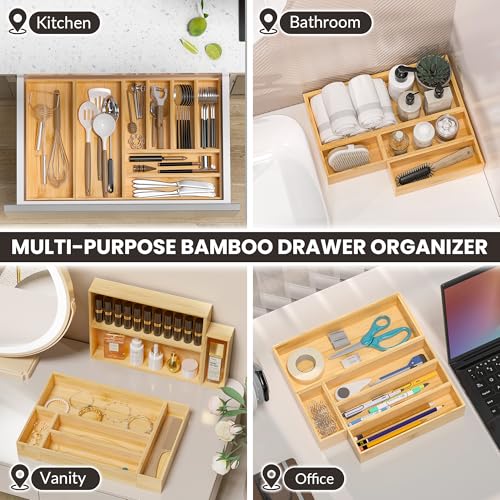 Kitchen Drawer Organizer Bins, Stackable Bamboo Drawer Organizer for Silverware, Flatware, Coffee Pod Organizer K Cup Holder for Countertop, 2 Pcs Coffee Station Organizer 12" x 6" x 2.5" - color: Bamboo, size: 12 x 6 x 2.5 Inch