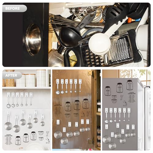 Measuring Cup and Spoon Organizer, 12 Pack Adhesive White Stainless Steel Hooks for Hanging with 6 Kitchen Conversion Chart Stickers, Kitchen Hooks for Space Saving Storage - style: 12 Pcs White Stainless Steel Hooks with Stickers