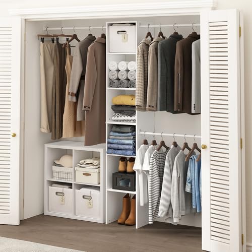Furinno FANO Closet Organizers and Storage, 5-Tier Closet Storage Organizer with 3 Hanging Bars, Wardrobe Closet Shelf Towers, Adjustable Shelves, for Wardrobe, Bedroom, Living Room, White - color: White, size: 3-Hanging-Bar