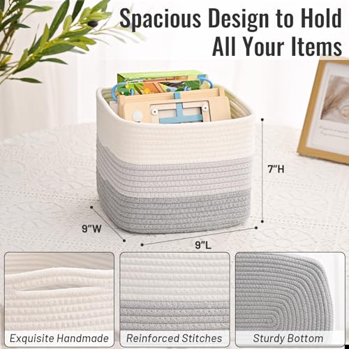 3 Pack Cube Storage Bin, 9”x9”x7” Cotton Rope Woven Baskets for Organizing Toys Clothes Towels, Square Gift Storage Baskets for Shelves, Nursery, Closet, Bathroom, Pantry (3-Tone Gray) - color: 3-Tone Gray, size: 9" x 9" x 7"