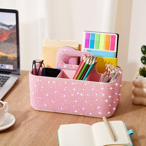 Marspark Bling Makeup Caddy Organizer with Handle, Sparkly Art Craft Holder, Glitter Bathroom Hair Caddy, Shimmer Pen Pencil Holder for Women Desk Organizer, Bling Gifts for Women(Pink,Pearl Diamond) - color: Pink, style: Pearl Diamond
