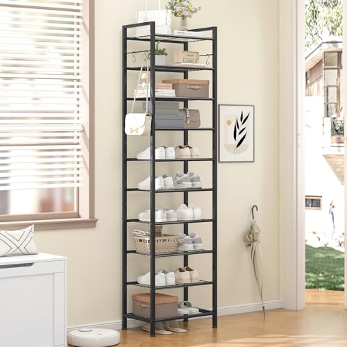 usikey 10 Tiers Narrow Shoe Rack 20-30 Pairs, Sturdy Metal Tall Shoe Rack Shelf with 4 Hooks, Slim Shoe Storage with Metal Shelf, Space Saving Vertical Shoe Organizer for Entryway Black UNYXJX018H - color: 10 Tier ( 17.9 X 11 X 69.2 Inches)-black