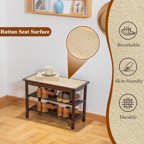 Bamboo Entryway Bench with Woven Rattan Seat, 2-Tier Shoe Storage Bench for Hallway & Entryway, 23.62 inches Walnut - color: Walnut, size: 23.6 inch