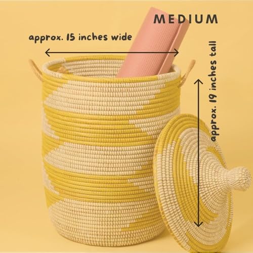 Yellow White Decorative Wicker Basket Set, 3pcs - Organize Bedroom, Living Room, Nursery - Laundry Hamper, Toy Bin, Blanket Storage - Decorative, Boho Style - Wicker, Woven, Lid, Handles - size: Set 3pcs