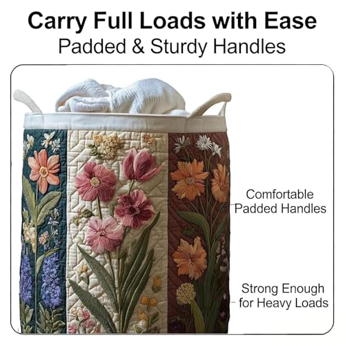 Quilted Laundry Basket with Handles, Large Soft Fabric Storage Hamper for Clothes, Toys & Blankets, Boho Floral Collapsible Basket for Nursery, Bedroom, Laundry Room - color: Colflower, size: M-16X22In