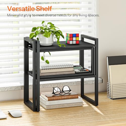 HOOBRO Desk Shelf Organizer, Adjustable Desktop Bookshelf, 2-Tier Shelf for Top of Desk, Wooden Office Storage Rack, for Office, Study, Kitchen, Dorm, Black BB39SJ01 - color: Black