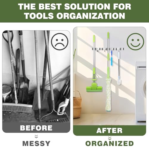 UNIFUN Broom Holder Wall Mount, Broom Organizer Wall Mount Stainless Steel Broom and Mop Hanger Heavy Duty Storage Organization for Home Kitchen Garden Garage Room 5 Racks 4 Hooks (1Pack)(Grey Racks) - color: Grey Racks