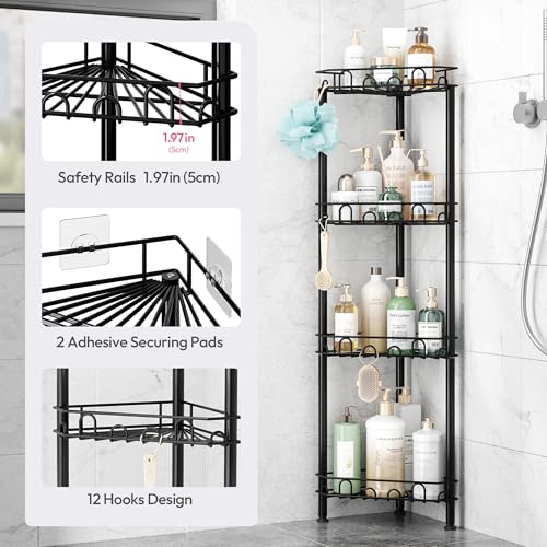 SWTYMIKI Standing Shower Caddy Corner - 4‑Tier Stainless Steel Shower Organizer Shelf with 16 Hooks and Adhesive Pads, Rustproof Corner Shelves Stand Rack for Bathroom Shower Room, Black - color: Black-4‑Tier