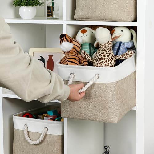 Temary Fabric Storage Baskets 4Pack Storage Bins Decorative Basket for Gift, Clothes Bin with Rope Handle, Rectangle Baskets for Storage, Blankets(White&Khaki,15x11x9.5 inch) - color: white&khaki, size: 15"L x 11"W x 9.5"H