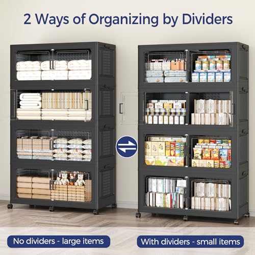 120GAL Storage Bins with Lid and Wheels, Collapsible Storage Box with Dividers, Foldable Plastic Cabinets for Room Kitchen, Stackable Closet Organizers and Storage Drawer, 3 Pack Black - color: Black, size: 40Gal-3Pack