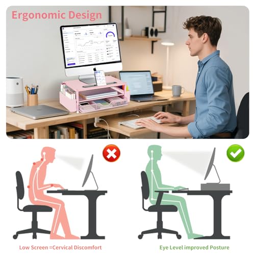 AUPSEN Pink Desk Organizers and Accessories, 2-Tier Wood Computer Monitor Stand with Drawer, Pen Storage & Phone Holder, Office Desk Accessories, Workspace Desktop Organization for Office Supplies - color: Pink Wood