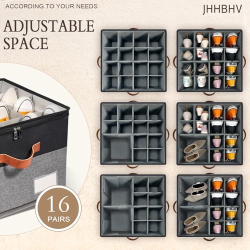 2 Pack Shoe Organizer for Closet, Adjustable Shoe Box Storage Containers, Large Foldable Shoe Bins with Clear Cover, Space Saving Shoes Holder with 4 Handles, Fits 16-32 Pairs, Black - color: Black and Grey, size: (2 Pack) 17"L x 17"W x 12 ½"H