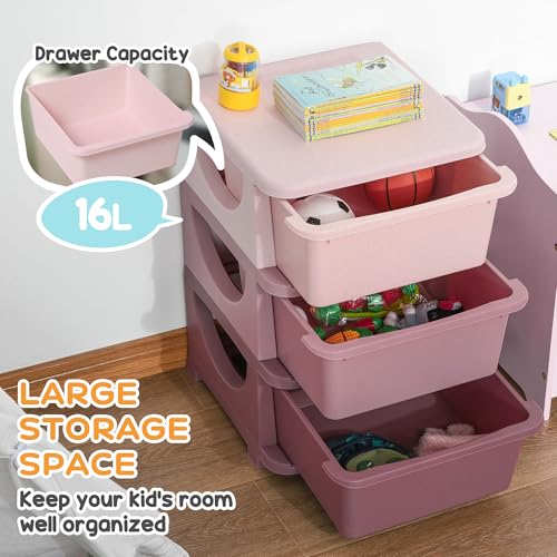 Qaba 3 Tier Kids Storage Unit, 3 Drawer Chest Toy Organizer Plastic Bins for Kids Bedroom Nursery Kindergarten Living Room for Boys Girls Toddlers, Pink - color: Pink, size: 14.5" X 14.5" X 22.25"