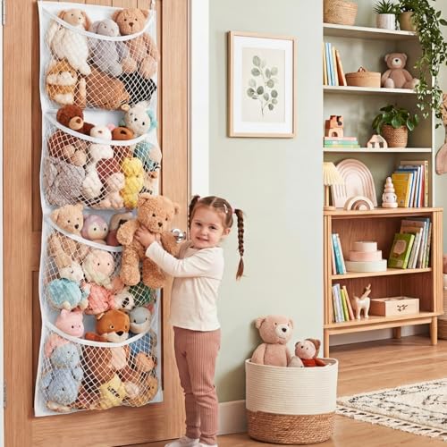 Ofiray-home Over The Door Stuffed Animal Storage, Cotton Toy Organizer for Storage Plush Toys, Stuffed Animal Holder with 4 Large Pockets, Hanging Door Organizer for Nursery, Bedroom (White) - color: White, size: Normal