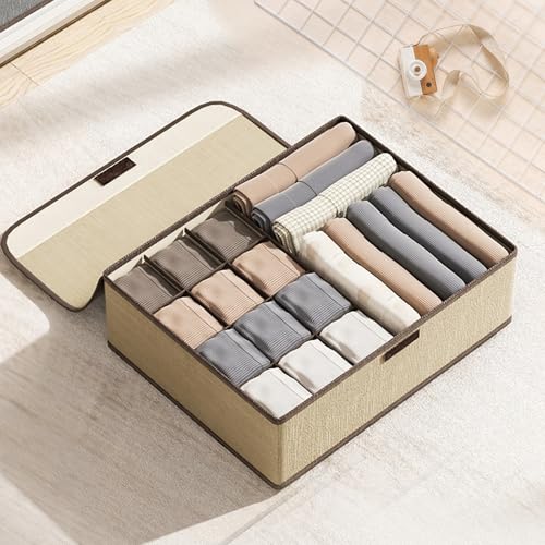 Underwear Storage Box with Lid Multi-Compartment Closet Organizer Fabric Drawer Divider for Socks Lingerie and Clothes (Yellow, F) - color: Yellow, size: 13 Grid