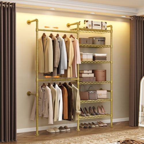 Wall Mounted Garment Rack, Walk-in Closet System with Expandable Rods, Adjustable Shelves, Industrial Pipe Clothing Racks, Hanging Clothes Organizers and Storage, Metal Closet Shelving Wardrobe - color: Gold