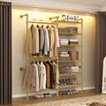 Wall Mounted Garment Rack, Walk-in Closet System with Expandable Rods, Adjustable Shelves, Industrial Pipe Clothing Racks, Hanging Clothes Organizers and Storage, Metal Closet Shelving Wardrobe - color: Gold