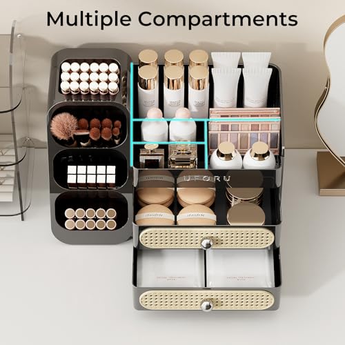 Makeup Organizer for Vanity with Brush Holder, Large Plastic Bathroom Countertop Skincare Organizer with 2 Drawers, Spacious Cosmetic Display Case for Perfumes, Eyeshadow Palettes, Nail Polishes - color: Black Rattan Weaving, size: Large
