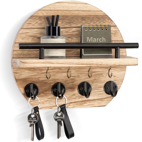 Nekon Key Holder for Wall - 9.8 Inch Apartment Wall Decor with Shelf and 8 Key Hooks, Circular Wood Key Hanger for Home Decor (Wood) - color: Wood