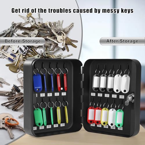 KYODOLED Key Cabinet Wall Mount, Locking Key Box Organizer, Key Lock Box with Key, Key Holder Lock Box for Wall, 20 Key Hooks & Tags Key Lab,7.8"x6.3"x3.14" Black - color: Black With Key Lock