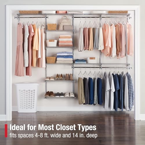 Rubbermaid Configurations Deluxe Custom Closet Kit 4-8 Ft. Adjustable Metal Wire Shelving Titanium Finish Expandable Organization System Hardware Included for Home Closet/Pantry/Laundry/Mudroom - color: Titanium, size: 4-8 Feet