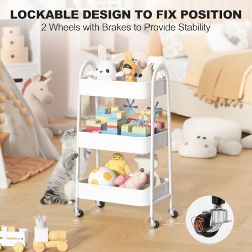EAGMAK 3 Tier Rolling Cart Under Desk, Large Metal Storage Cart with Handle and Lockable Wheels, Big Multifunctional Storage Organizer Trolley for Kitchen, Living Room, Office, Garage (White) - color: White, size: Large