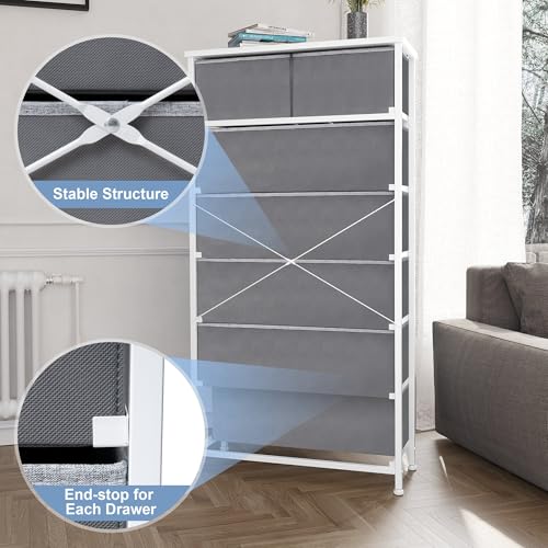 Crestlive Products Vertical Dresser Storage Tower - Sturdy Steel Frame, Wood Top, Easy Pull Fabric Bins, Wood Handles - Organizer Unit for Bedroom, Hallway, Entryway, Closets - 7 Drawers (Light Gray) - color: Light Gray, style: 7 Drawers