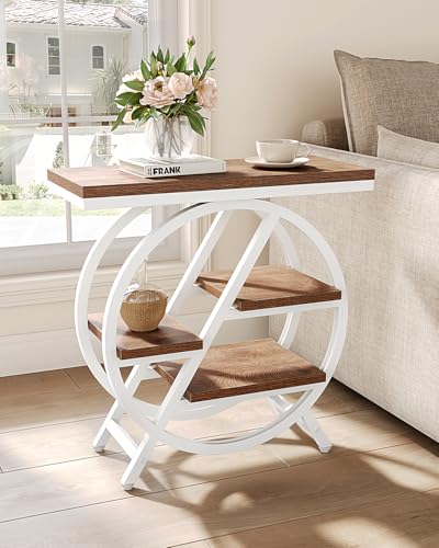 LITTLE TREE End Table, Narrow Side Table with 4-Tier Large Storage Space, Modern Bedside Table for Living Room, Home Office, Bedroom, Brown and White - color: Brown and White