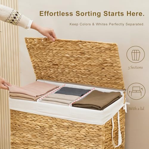 3-Section Laundry Hamper with Lid, Large Capacity Woven Natural Water Hyacinth Laundry Sorter with Removable Liners, Rolling or Non-Slip Design for Bedroom (Natural, 155L) - color: Natural, size: 3-Section