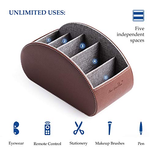 Remote Control Holders Organizer Box with 5 Compartment PU Leather Multi-functional Office Desk Storage Caddy Store Tv Remote for Media Player,Brush,Pencil,Glassees&Office Supplies (Dark Brown) - color: Dark Brown, size: M