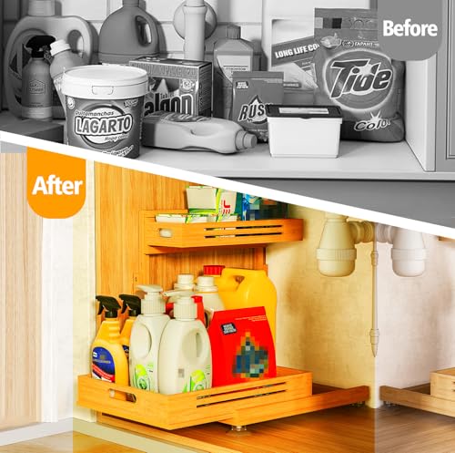 Under Sink Organizer, Premium Bamboo Wood Pull Out Cabinet Organizer, 2 Tier Slide Out Sink Shelf Cabinet Storage Shelves, Under Sink Storage for Kitchen Bathroom Cabinet - color: Beige