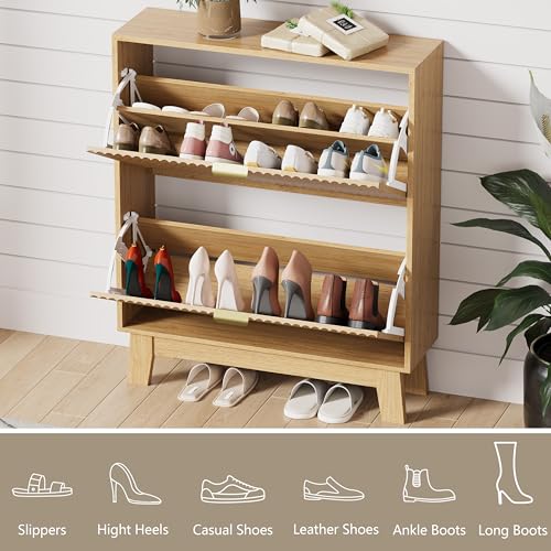 HUANLEGO Shoe Cabinet Storage for Entryway with 2 Flip Drawers, Fluted Narrow Shoe Organizer with Wooden Legs, Freestanding Slim Shoe Storage Hidden Shoe Rack Organizer for Front Door Entrance, Oak - color: Oak, size: 2 Drawer