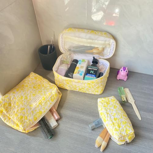 Yellow Large Quilted Floral Makeup Bag Set of 3 Cute Coquette Aesthetic Cosmetic Bag Set Travel Toiletry Bag for Women - color: B-3Pcs Yellow