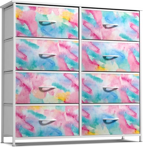 Sorbus Kids Dresser with 8 Drawers - Storage Chest Organizer Unit Nightstand - Steel Frame, Wood Top, Tie-Dye Fabric Bins for Clothes - Wide Furniture for Bedroom, Hallway, Nursery, Closet, Apartment - color: Watercolor, style: 8-Drawer