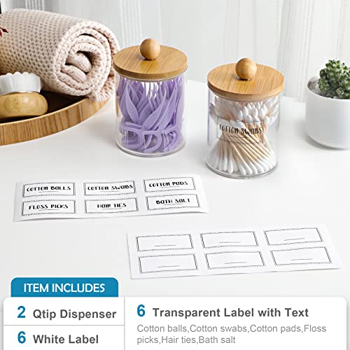 2 Pack Qtip Holder Dispenser with Bamboo Lids - 10 oz Clear Plastic Apothecary Jar Containers for Vanity Makeup Organizer Storage - Bathroom Accessories Set for Cotton Swab, Ball, Pads, Floss - size: 2 Pack of 10 oz