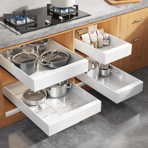 Seinloes 4 Pack Expandable Width (9"-14.1") Pull Out Cabinet Organizer 21" Deep with Raising Pad for Framed Cabinets, Upgrade 3 Slide Rails Slide Out Drawers, Roll Out Shelves Adhesive, White - color: White, size: 21"D x 9"-14.1"W(4Pack)